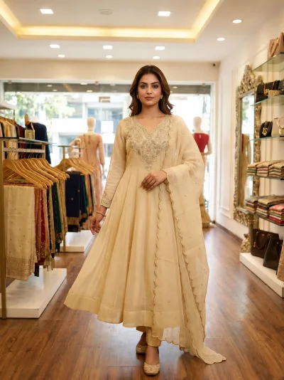 Champagne Beige Cording with Sequence Embroidered Gown, Pant with Dupatta Set
